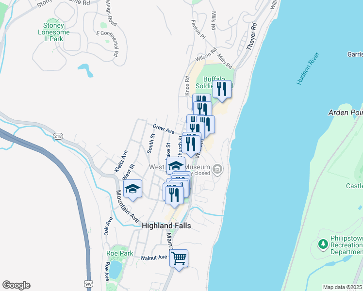 map of restaurants, bars, coffee shops, grocery stores, and more near 46 Church Street in Highland Falls