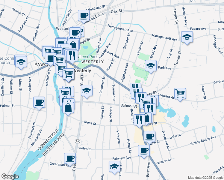 map of restaurants, bars, coffee shops, grocery stores, and more near 18 Summer Street in Westerly