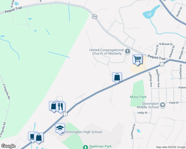 map of restaurants, bars, coffee shops, grocery stores, and more near 1 Castle Meadow Drive in Stonington