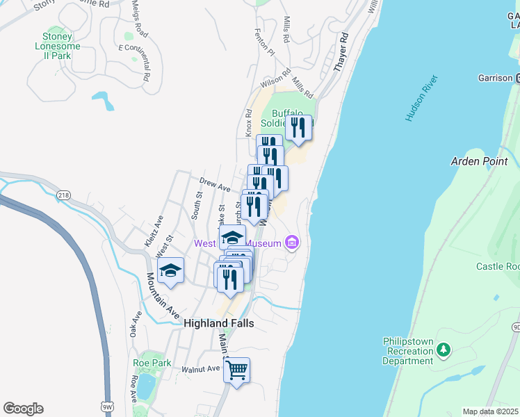 map of restaurants, bars, coffee shops, grocery stores, and more near 451 Main Street in Highland Falls