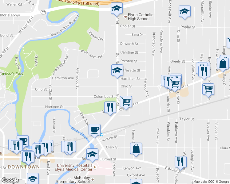 map of restaurants, bars, coffee shops, grocery stores, and more near 393 Ohio Street in Elyria