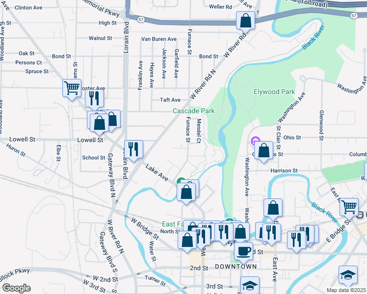 map of restaurants, bars, coffee shops, grocery stores, and more near 313 Furnace Street in Elyria