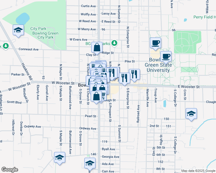 map of restaurants, bars, coffee shops, grocery stores, and more near 176 East Wooster Street in Bowling Green