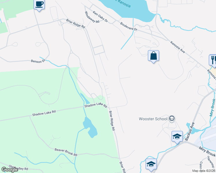 map of restaurants, bars, coffee shops, grocery stores, and more near 92 Briar Ridge Road in Danbury