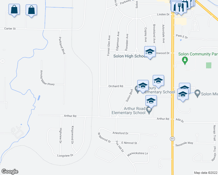 map of restaurants, bars, coffee shops, grocery stores, and more near 6784 Green Ridge Avenue in Solon