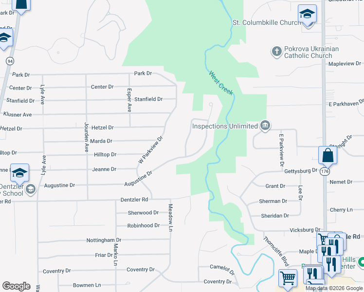 map of restaurants, bars, coffee shops, grocery stores, and more near 7044 Edgecliff Drive in Parma