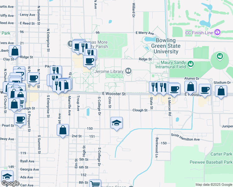map of restaurants, bars, coffee shops, grocery stores, and more near 1001 East Wooster Street in Bowling Green