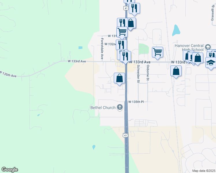 map of restaurants, bars, coffee shops, grocery stores, and more near 11504 West 134th Court in Cedar Lake