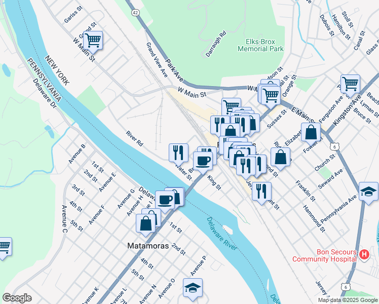 map of restaurants, bars, coffee shops, grocery stores, and more near 20 Thompson Street in Port Jervis