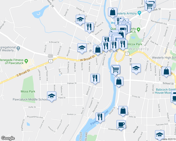 map of restaurants, bars, coffee shops, grocery stores, and more near 17 Lester Avenue in Stonington