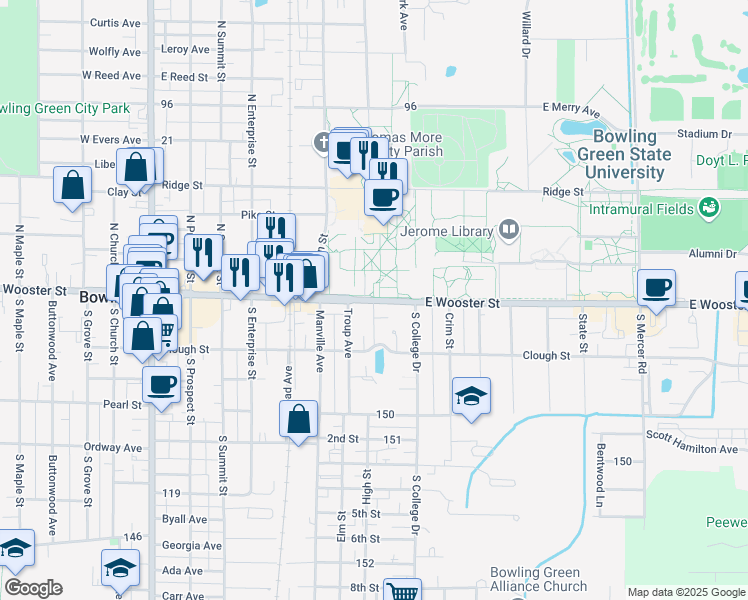 map of restaurants, bars, coffee shops, grocery stores, and more near University Lane in Bowling Green