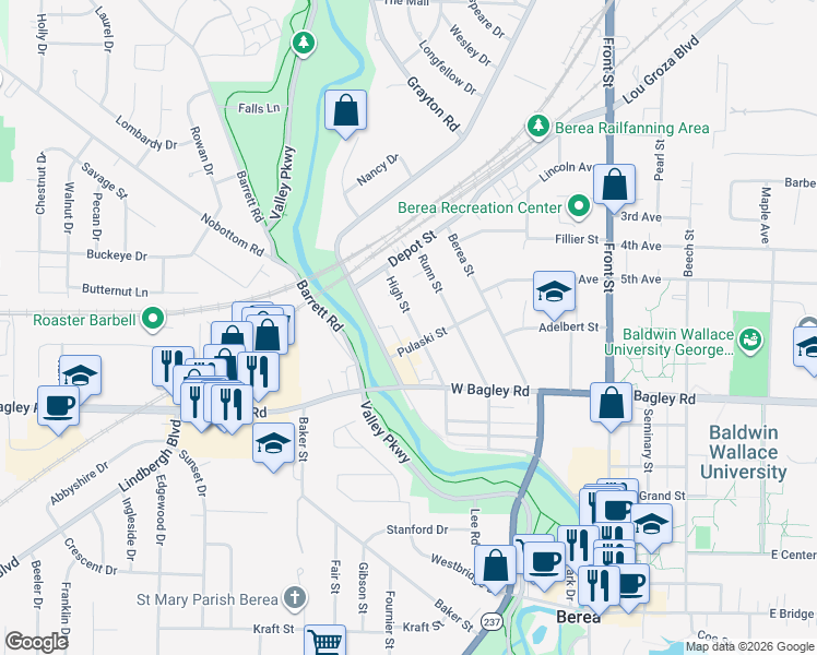 map of restaurants, bars, coffee shops, grocery stores, and more near 345 High Street in Berea