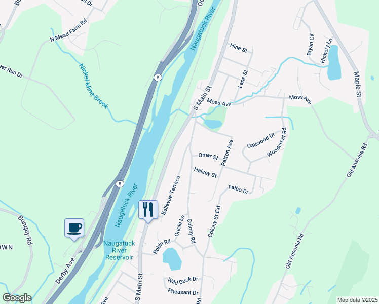 map of restaurants, bars, coffee shops, grocery stores, and more near 18 Colony Street in Seymour