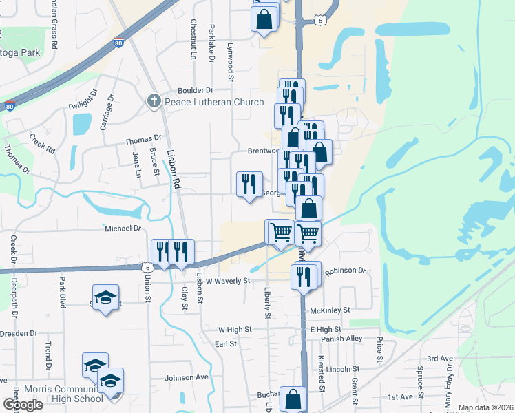 map of restaurants, bars, coffee shops, grocery stores, and more near 100 West Commercial Street in Morris