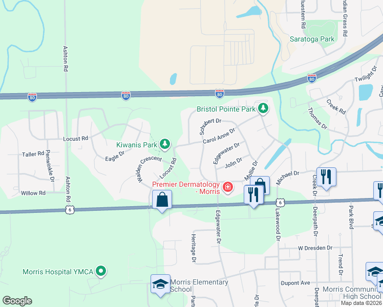 map of restaurants, bars, coffee shops, grocery stores, and more near 1731 Carol Anne Drive in Morris