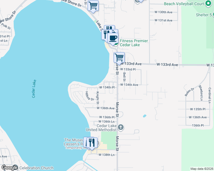 map of restaurants, bars, coffee shops, grocery stores, and more near 7310 West 134th Place in Cedar Lake