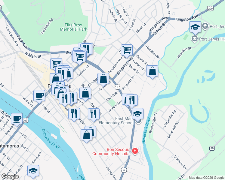 map of restaurants, bars, coffee shops, grocery stores, and more near 56-58 Church Street in Port Jervis