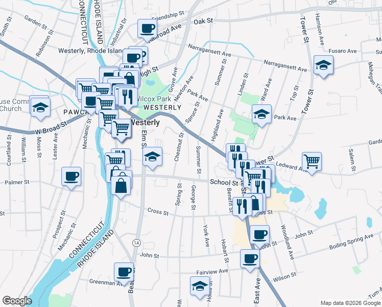 map of restaurants, bars, coffee shops, grocery stores, and more near 18 Summer Street in Westerly