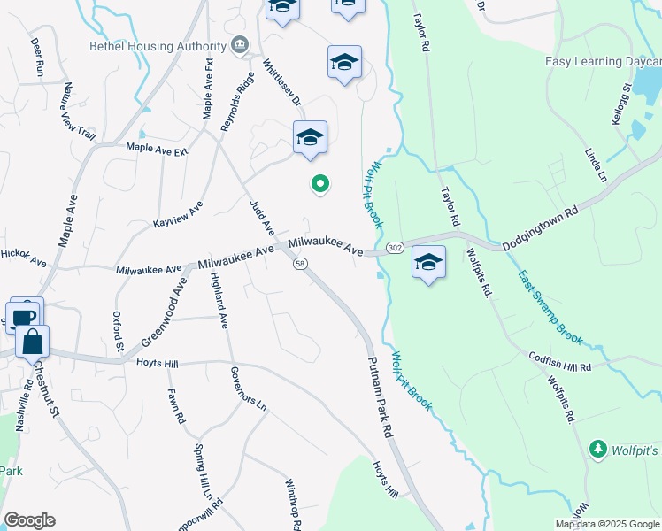 map of restaurants, bars, coffee shops, grocery stores, and more near 15 Putnam Park Road in Bethel