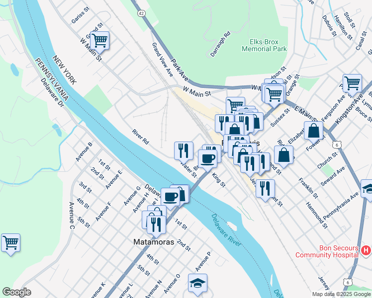 map of restaurants, bars, coffee shops, grocery stores, and more near 3 King Street in Port Jervis