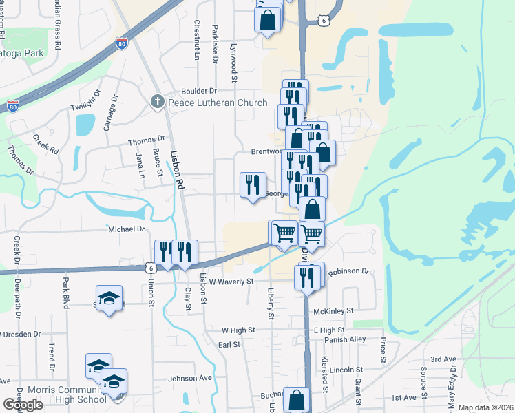 map of restaurants, bars, coffee shops, grocery stores, and more near 100 West Commercial Street in Morris