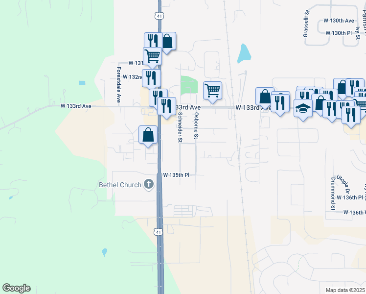 map of restaurants, bars, coffee shops, grocery stores, and more near 13447-13451 Schneider Street in Cedar Lake