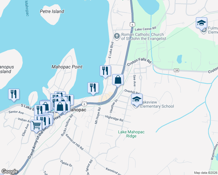map of restaurants, bars, coffee shops, grocery stores, and more near 141 East Lake Boulevard in Mahopac