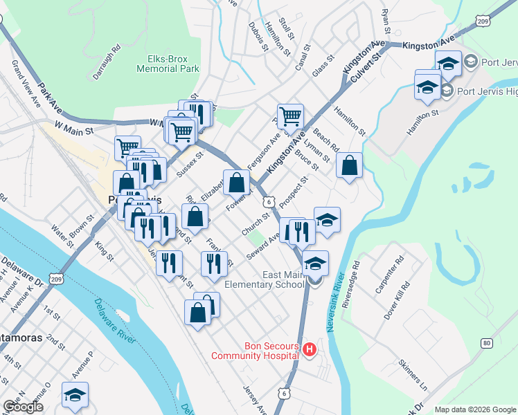 map of restaurants, bars, coffee shops, grocery stores, and more near 14 Division Street in Port Jervis