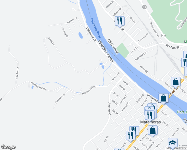 map of restaurants, bars, coffee shops, grocery stores, and more near 118 Pond Drive in Matamoras