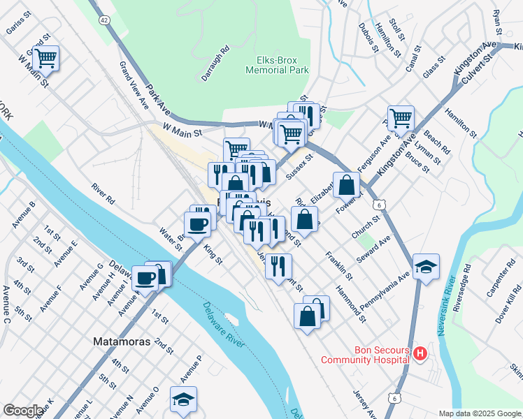 map of restaurants, bars, coffee shops, grocery stores, and more near 31 Hammond Street in Port Jervis