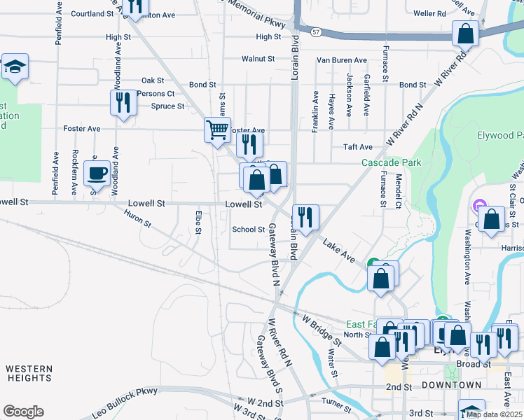 map of restaurants, bars, coffee shops, grocery stores, and more near 310 Lowell Street in Elyria