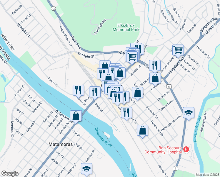 map of restaurants, bars, coffee shops, grocery stores, and more near 75-85 Pike Street in Port Jervis