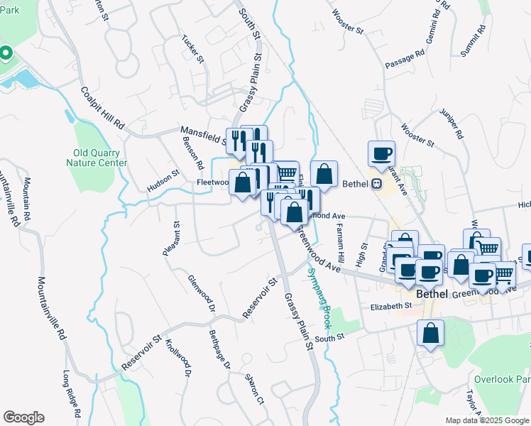 map of restaurants, bars, coffee shops, grocery stores, and more near 55 Grassy Plain Street in Bethel