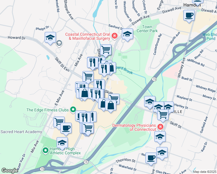 map of restaurants, bars, coffee shops, grocery stores, and more near 65 Skiff Street in Hamden