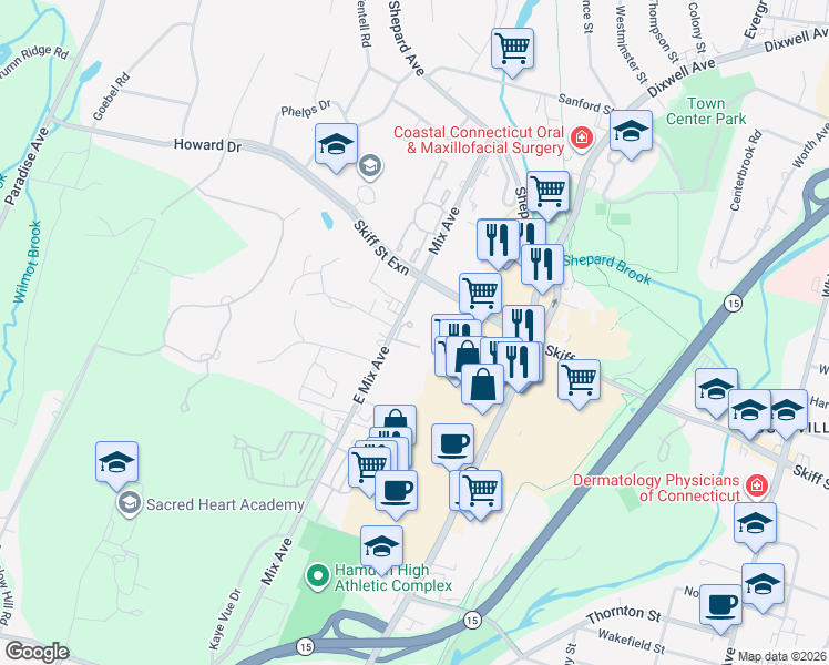 map of restaurants, bars, coffee shops, grocery stores, and more near 2 Towne House Road in Hamden