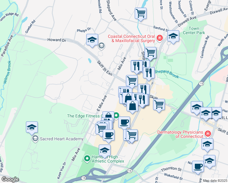 map of restaurants, bars, coffee shops, grocery stores, and more near 2 Towne House Road in Hamden