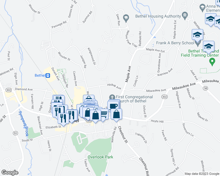map of restaurants, bars, coffee shops, grocery stores, and more near 23 Hickok Avenue in Bethel