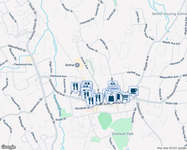 map of restaurants, bars, coffee shops, grocery stores, and more near 6 Durant Avenue in Bethel