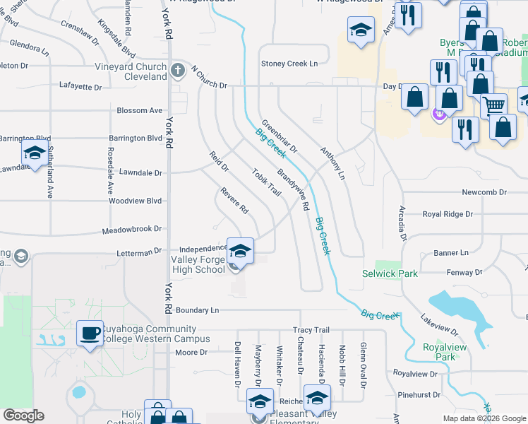 map of restaurants, bars, coffee shops, grocery stores, and more near 6895 Revere Road in Cleveland