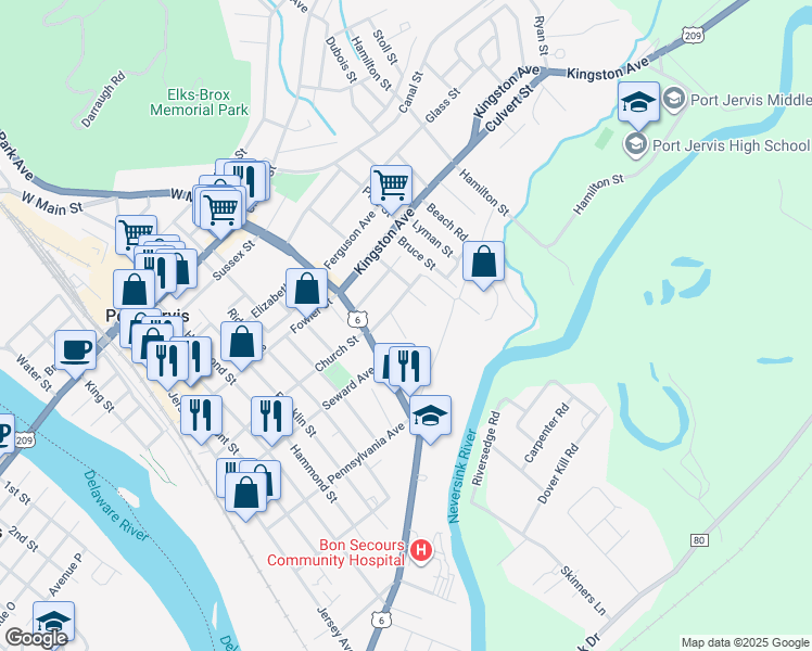 map of restaurants, bars, coffee shops, grocery stores, and more near 10 Jones Street in Port Jervis