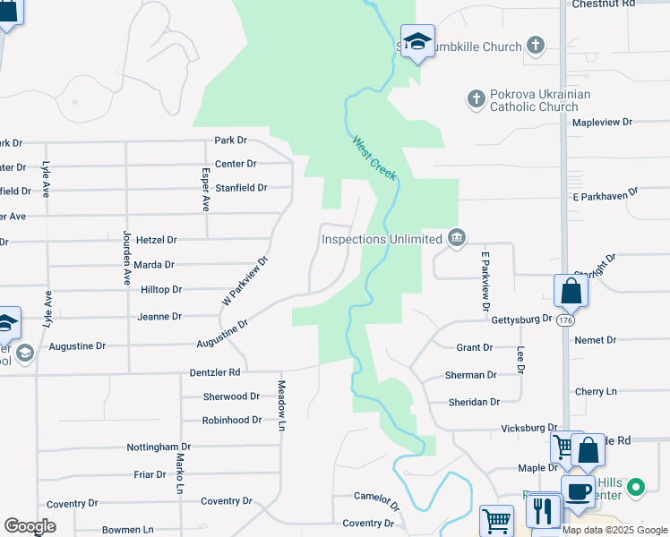 map of restaurants, bars, coffee shops, grocery stores, and more near 2314 Augustine Drive in Parma