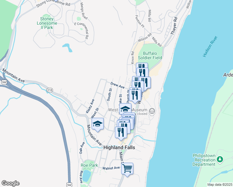 map of restaurants, bars, coffee shops, grocery stores, and more near 22 Fort Putnam Street in Highland Falls