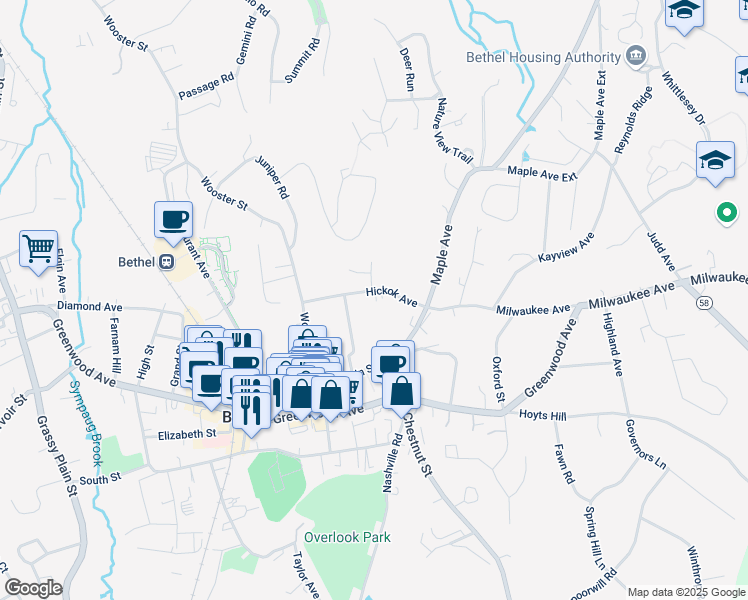 map of restaurants, bars, coffee shops, grocery stores, and more near 23 Hickok Avenue in Bethel