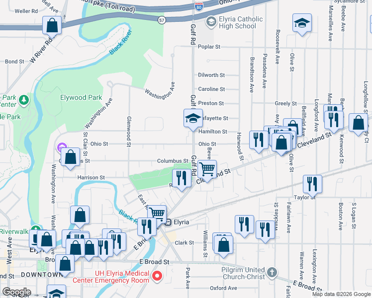 map of restaurants, bars, coffee shops, grocery stores, and more near 393 Ohio St in Elyria