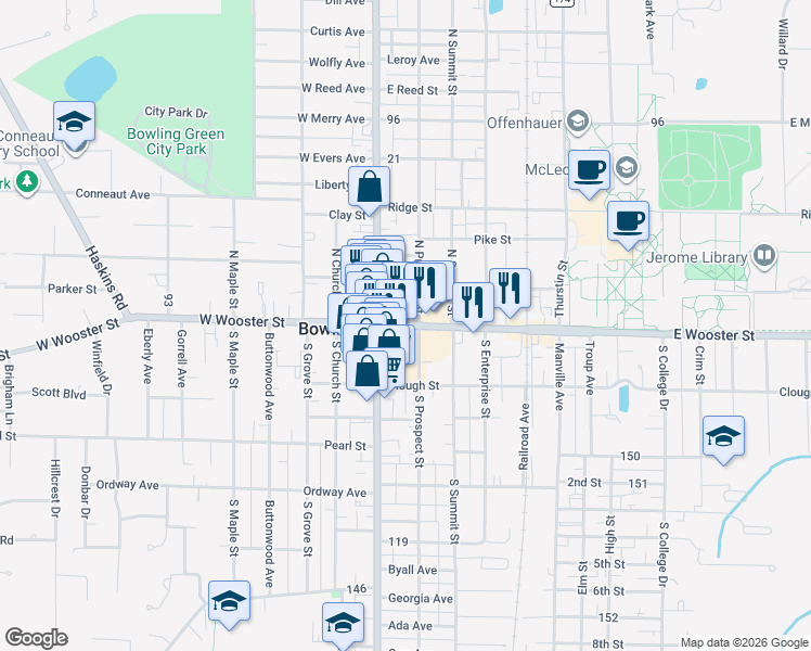 map of restaurants, bars, coffee shops, grocery stores, and more near 176 East Wooster Street in Bowling Green