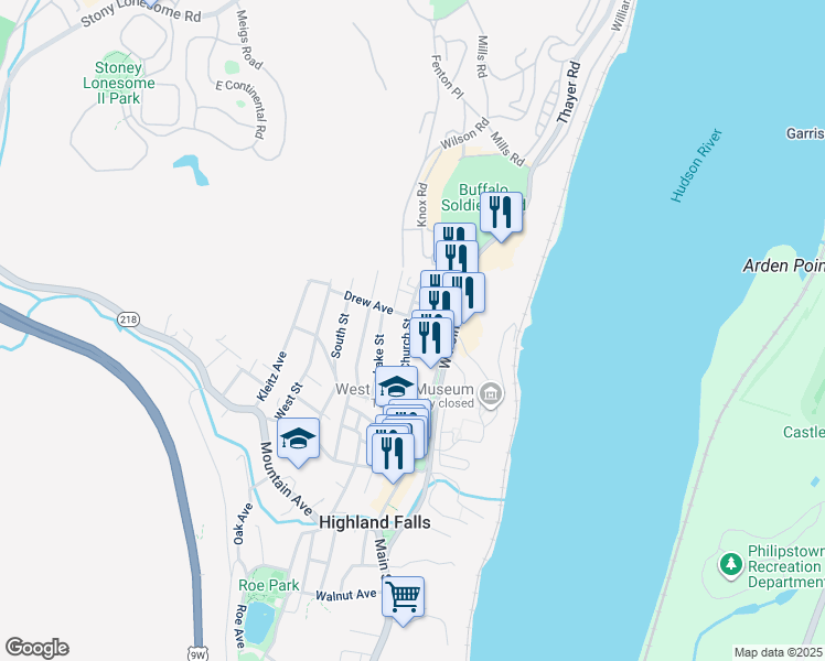 map of restaurants, bars, coffee shops, grocery stores, and more near 46 Church Street in Highland Falls