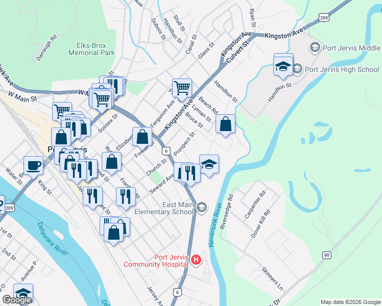 map of restaurants, bars, coffee shops, grocery stores, and more near 10 Jones Street in Port Jervis