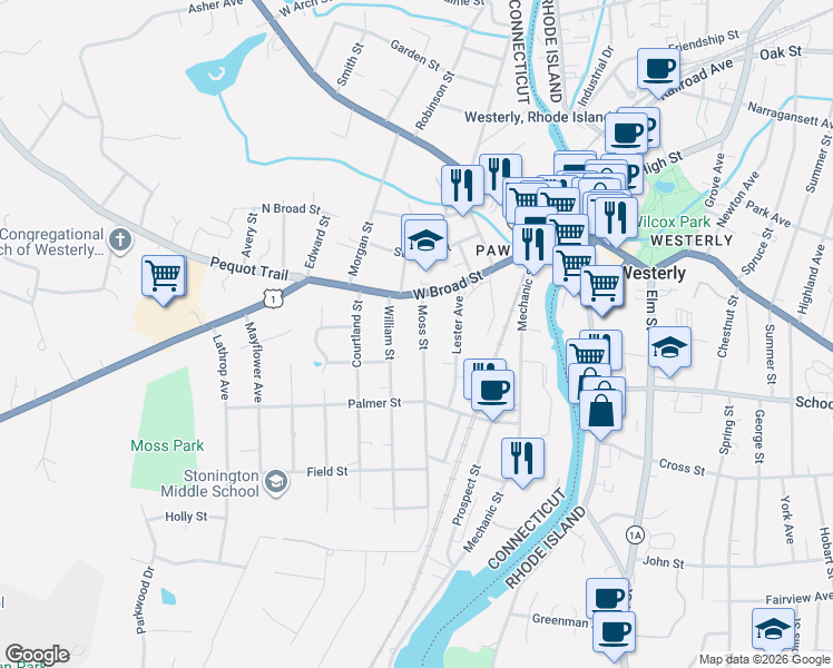 map of restaurants, bars, coffee shops, grocery stores, and more near 17 Moss Street in Stonington