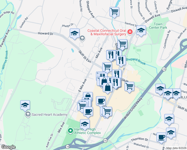 map of restaurants, bars, coffee shops, grocery stores, and more near 783 Mix Avenue in Hamden