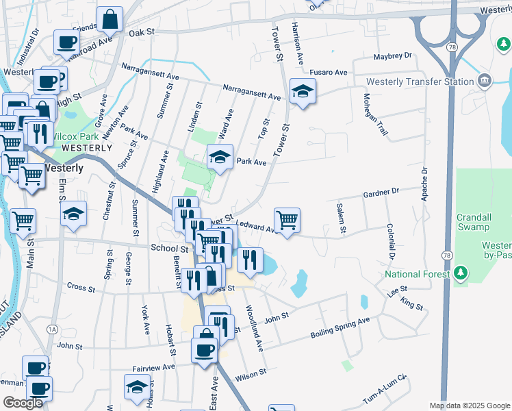 map of restaurants, bars, coffee shops, grocery stores, and more near 12 Ledward Avenue in Westerly